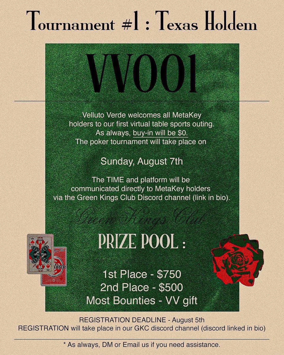 vellutoverde_us's tweet photo. Our first official VV poker tournament will be held this Sunday (online). Tournaments will always be $0 buy in.

Prize pool - 1st: $750 / 2nd: $500 / 3rd: VV gift

*To take a seat at the table, you must own our Green King Metakey. 

*Note: there are limited MetaKeys left. https://t.co/Fsc72wxFk6