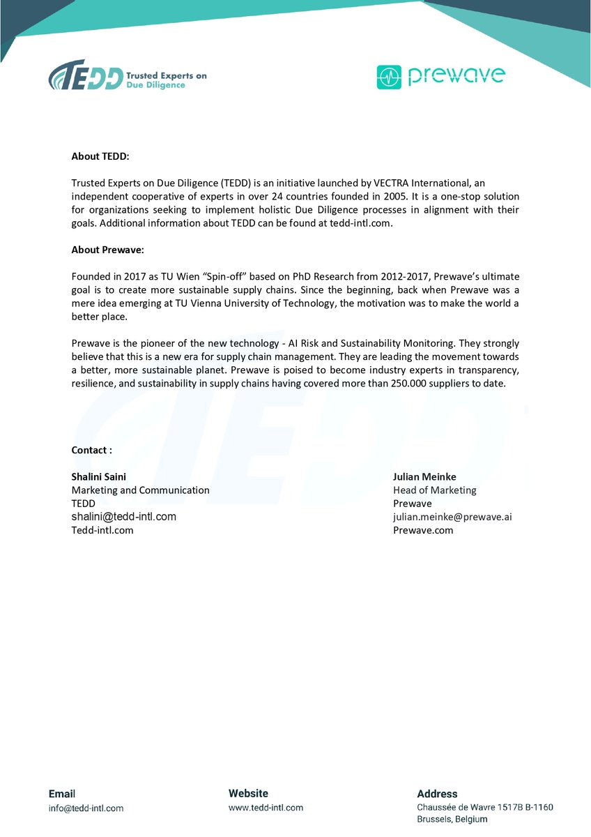 TeddContact's tweet photo. We are immensely happy to announce our partnership with @Prewave.

#TEDD &amp; #Prewave have come together to support businesses, focusing on #SupplyChain risk mitigation and monitoring to achieve resilience and transparency. 

#Partnership #RiskManagement https://t.co/Vz1IRVb9Nb