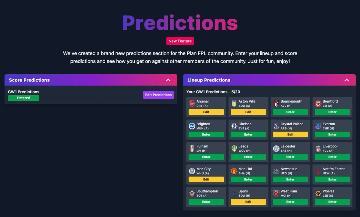 plan_fpl's tweet photo. So pleased to finally introduce... 'Predictions' π
You can now predict the score and lineup for every Premier League fixture and see how you compare against the rest of the Plan FPL community.
Leaderboards, rank, custom leagues will all be available over the coming weeks (1/2) https://t.co/wMIY05qCOr
