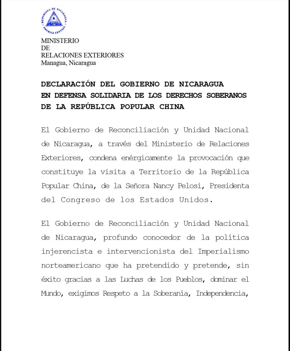 LopezEricka10's tweet photo. #LoUltimo 
Nicaragua Condena enérgicamente la provocación que constituye la vista a territorio de la República Popular China, de la señora Nancy Pelosi, Presidenta del Congreso de los Estados Unidos.
#Nicaragua https://t.co/3PbGlt5ILe