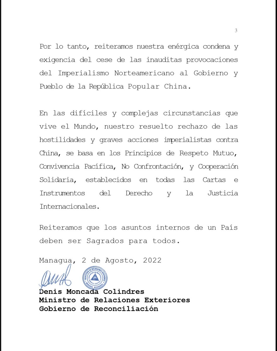 LopezEricka10's tweet photo. #LoUltimo 
Nicaragua Condena enérgicamente la provocación que constituye la vista a territorio de la República Popular China, de la señora Nancy Pelosi, Presidenta del Congreso de los Estados Unidos.
#Nicaragua https://t.co/3PbGlt5ILe