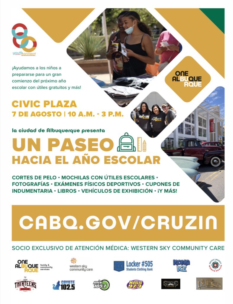 Venga a Civic Plaza este domingo para obtener útiles escolares gratuitos y más para ayudar a nuestros jovenes a ir a la escuela preparados y confiados. #OneAlbuquerque