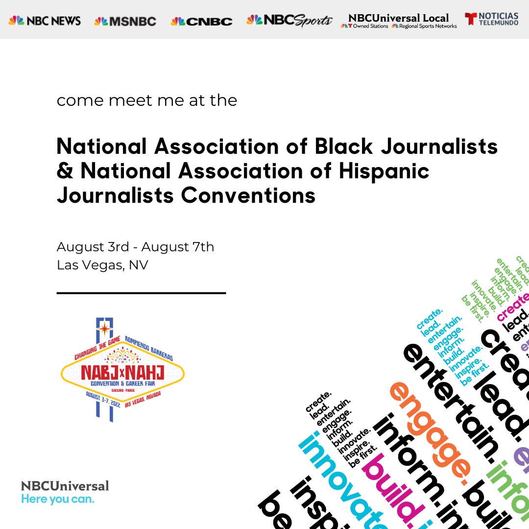 MikeGaytanNews's tweet photo. 🚨NBCUniversal is counting down to #NABJNAHJ22 in Las Vegas tomorrow! Connect with our team including leaders from NBC News & CNBC, NBCU Local, NBC Sports, and Telemundo - plus, learn from the best at NBCU special sessions & panels. Here you can. #WorkAtNBCU #NBCUDiversity https://t.co/NPx1Nrm3GT