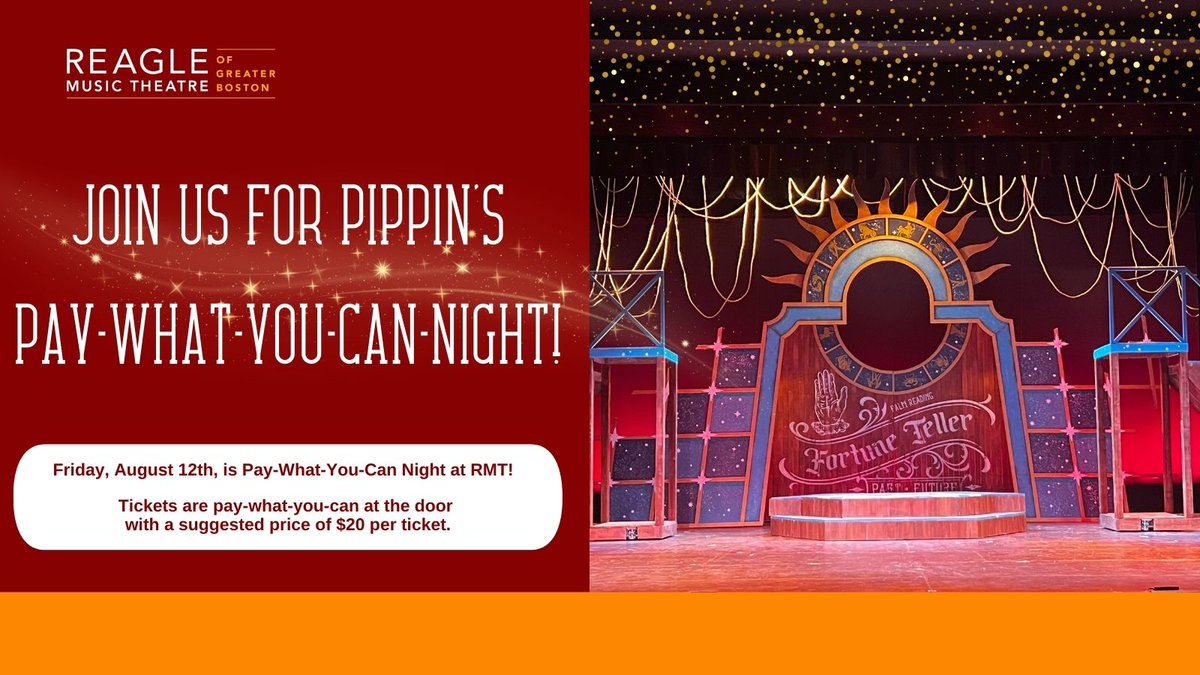 Friday, August 12th at 7:30 pm is Pay-What-You-Can Night at RMT for Pippin!

RMT suggests $20 per ticket, but we genuinely mean pay what's affordable for you! The pay-what-you-can offer can only be redeemed at the door, not online or by phone.