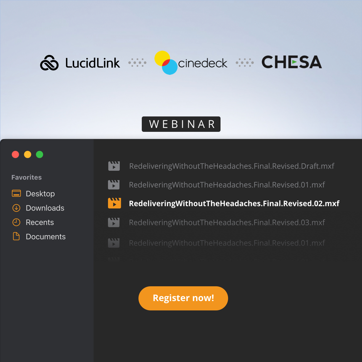 Lucid_Link's tweet photo. What are you doing next Tuesday? 👀 If you're looking for a remedy for that headache 🤕  you get every time you need to fix that one shot and re-export the entire file, join our webinar at 10am PDT. https://t.co/jaHVt7vH1W @ChesaPro @Cinedeck #video #cloud #collaboration https://t.co/hdGxJx0dK0