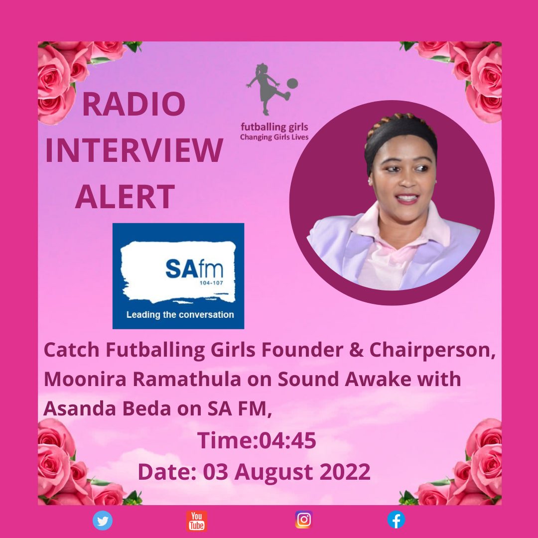futballinggirls's tweet photo. Our founder @MoonsRams will be on @SAfmRadio at 0445 am discussing our events and programmes.
#FutballingGirlsNPO
#WomenInSportEmpowerment https://t.co/G3Drz216WL