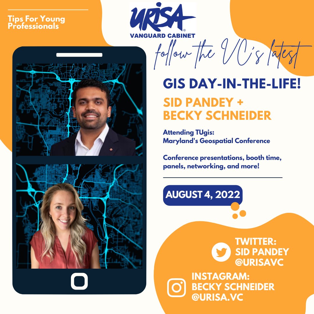 URISAVC's tweet photo. 🚨 TAKEOVER ALERT 🚨

Join the URISA Vanguard Cabinet's own Sid Pandey and Becky Schneider for a "GIS Day-in-the-Life," conference edition, covering #TUgis: Maryland's Geospatial Conference this Thursday, August 4! 

#geospatial #youngprofessionals #gis #networking https://t.co/5Ii42tdv3r