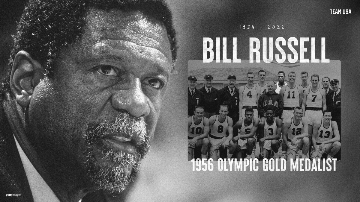 TeamUSA's tweet photo. Team USA salutes and honors the life and legacy of Bill Russell. 

A gold medal winner and proud member of the U.S. Olympic Team at the 1956 Olympic Games in Melbourne, it was just the start of an extraordinary life - on and off the court. https://t.co/SdWT372nCa