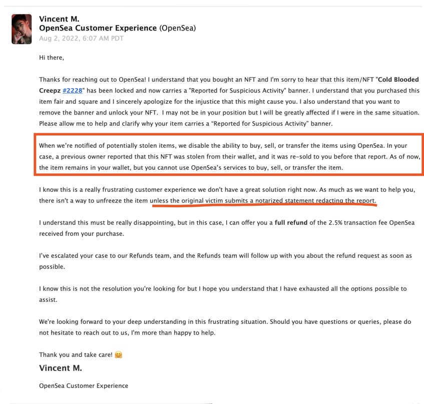 redactedeth's tweet photo. @AfRedwave @0xAndrewWise They can enable out-right fraud on their platform, and if we seek restitution "we need a notarized statement". https://t.co/UcYvafR1pc