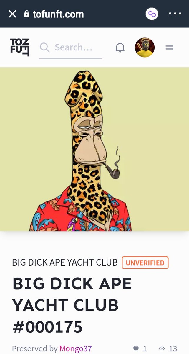 BIG DICK APE YACHT CLUB #000175 - BIG DICK APE YACHT CLUB #175 - tofuNFT.com tofunft.com/nft/polygon/0x…
#apenft #tofunft <a href="/opensea/">OpenSea</a> #NFTcollections #funnynft <a href="/tofuNFT/">tofuNFT📛The largest multichain NFT marketplace</a>
