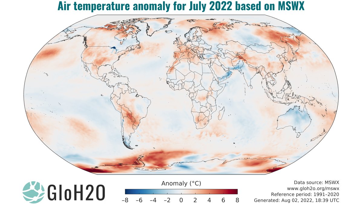 The global average air temperature for July 2022 was 0.37 °C above the 1991–2020 average
