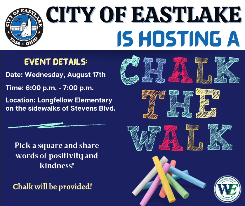 Come and enjoy the fun of chalking words of positivity and kindness on the sidewalks! <a href="/weschools/">Willoughby-Eastlake City Schools</a> <a href="/EastlakeOf/">City of Eastlake</a>