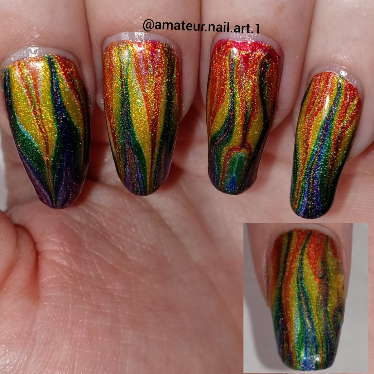 CDKamiko's tweet photo. Used both the Rainbow and Pastel Rainbow Holo Taco Collection for this Drag/Smoosh marble look. Almost like Holo Rainbow fire. 🔥🌈 @holotaco @nailogical #HoloTaco #SimplyNailogical https://t.co/879xVLs2dN