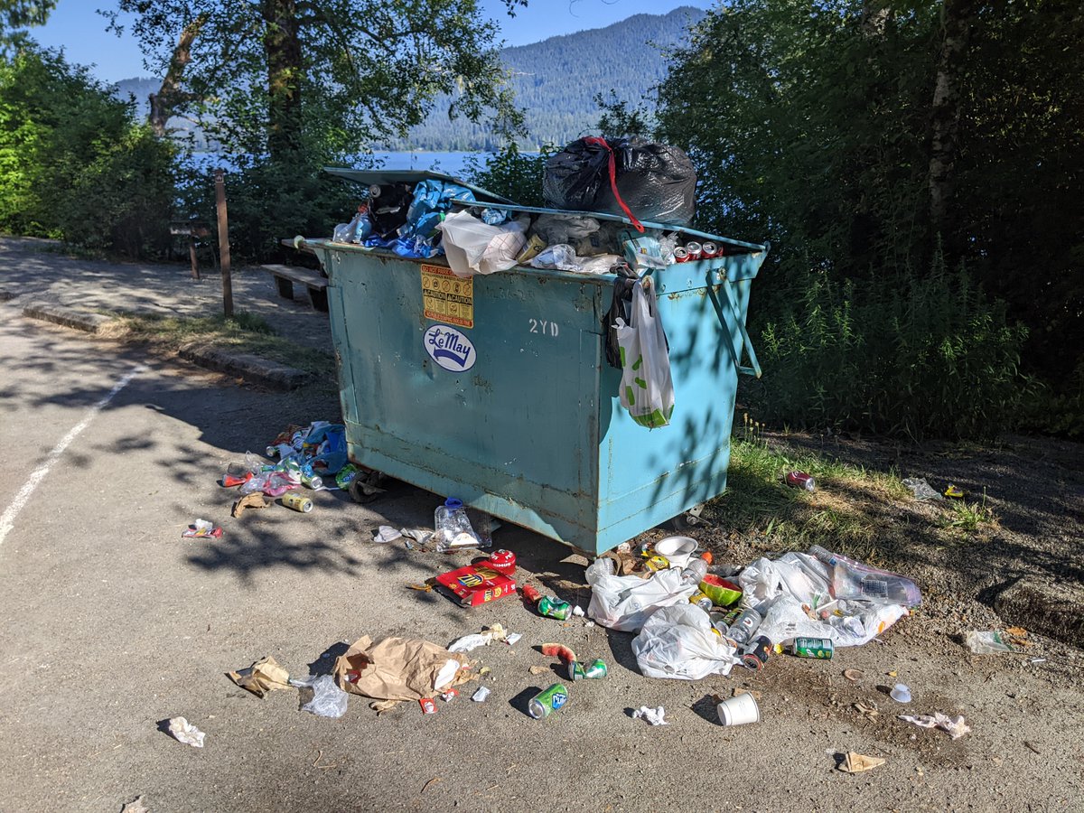 Packing out your trash is a simple way to help keep the forest clean &amp; safe. 

In locations that offer trash receptacles, if the receptacle is full respect that limit and DO NOT add on. 

Trash left outside of receptacles will get spread around by animals creating a larger mess.