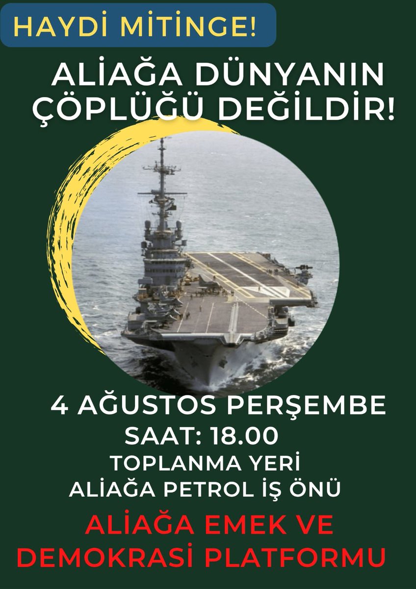 📢HAYDİ MİTİNGE...
ALİAĞA DÜNYANIN ÇÖPLÜĞÜ
DEĞİLDİR!
📌YER: PETROL İŞ ÖNÜ
⏱️SAAT: 18.00
📅TARİH : 04.08.2022(BU PERŞEMBE)<a href="/AlcepCevre/">ALÇEP (Aliağa Çevre Platformu)</a>
<a href="/_EGECEP_/">EGEÇEP</a> <a href="/PolenEkoloji/">POLEN Ekoloji Kolektifi</a> <a href="/FocaCevre/">FOÇEP</a> <a href="/foca_forum/">Foça Forum</a> <a href="/tabiatplatformu/">Ayvalık Tabiat Plat.</a> <a href="/izmir_barosu/">İzmir Barosu - #SavunmaSusturulamaz</a>
<a href="/Egeiscibirligi/">EGE İŞÇİ BİRLİĞİ</a> <a href="/izmirtabip/">İzmir Tabip Odasi</a> <a href="/develi_gurkan/">Gürkan Develi</a> <a href="/Hkinayy/">Helil KINAY</a> <a href="/ERTURULBARKA/">ERTUĞRUL BARKA</a>