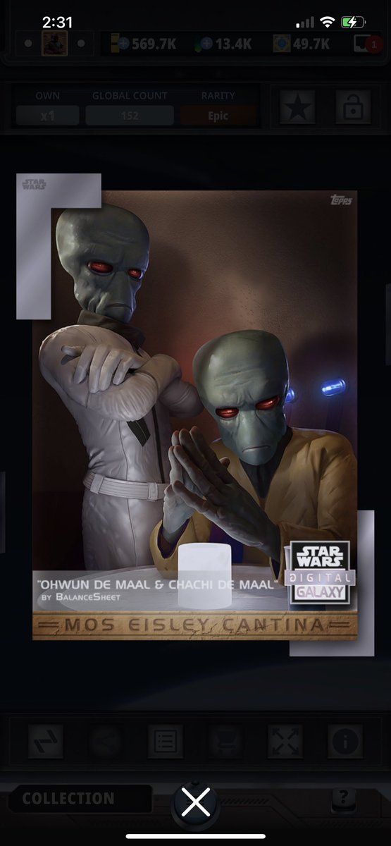 Today’s card of the day is Ohwun De Maal &amp; Chachi De Maal. An illustration by BalanceSheet. This is an Epic digital card (152 cc) released in 2022 as part of the “Digital Galaxy: Mos Eisley Cantina” set. How great would that be hanging on your wall in your home?
