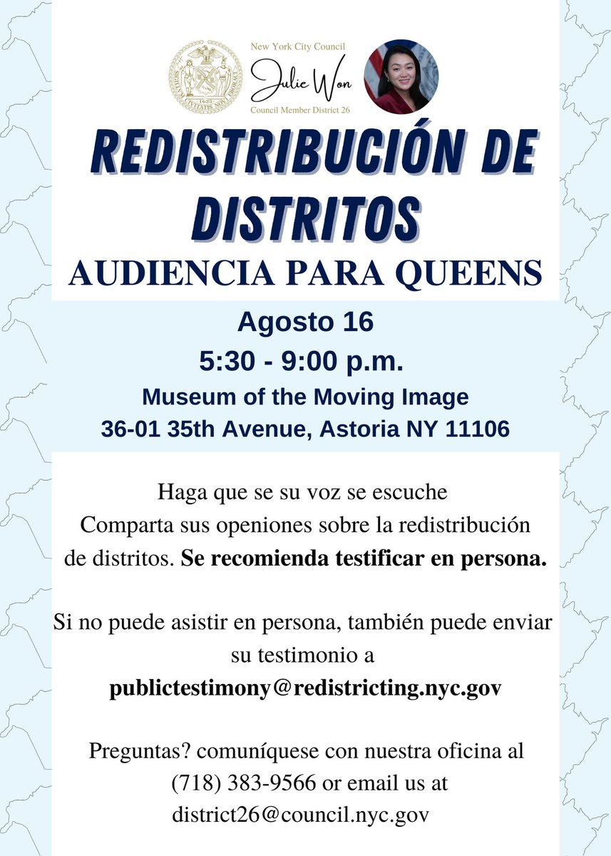 Come testify at the Redistricting Hearing for Queens at the Museum of the Moving Image on August 16. We encourage residents to testify in person to make their voices heard. See our language accessible materials for more information!