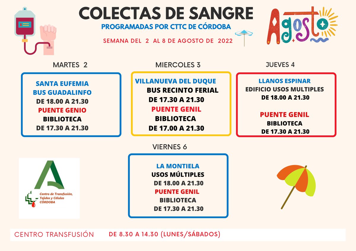 donantescordoba's tweet photo. Campañas de #DonaSangre en la primera semana del  mes de #Agosto en #CordobaEsp , visitamos #PuenteGenil #santaeufemia #villanuevadelduque    #llanosdelespinar y #LaMontiela . Se necesita sangre de todos los grupos.¡Te esperamos! #donasangre #donavida https://t.co/5m4XgRT3Rl