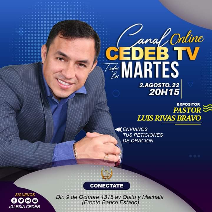 iglesiacedeb's tweet photo. HOY!! Conectate en VIVO, todos los Martes a las 20H15
No te lo pierdas, por la señal de CANAL CEDEB TV
📲Transmisión: Facebook/Youtube.
-Dir. 9 de Octubre 1315 av Quito y Machala (Frente Banco Estado)
#DiosEsBueno #Comparte #cedebtv https://t.co/1LP2adbgIV