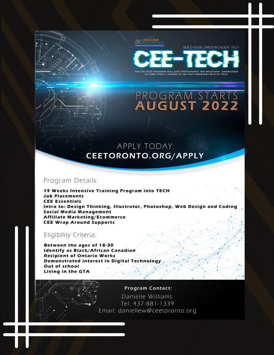 cee_toronto's tweet photo. We are still accepting applications. Register today! 

CEE TECH is designed to give you the skills needed to step into the tech sector.
•
Apply Today link below 👇
https://t.co/qKLewxErZ4

@Cisco  @UWGreaterTO @NBAFoundation
#blackintech #ceetech #WebDesign #Coding https://t.co/wjQQuvZNWj