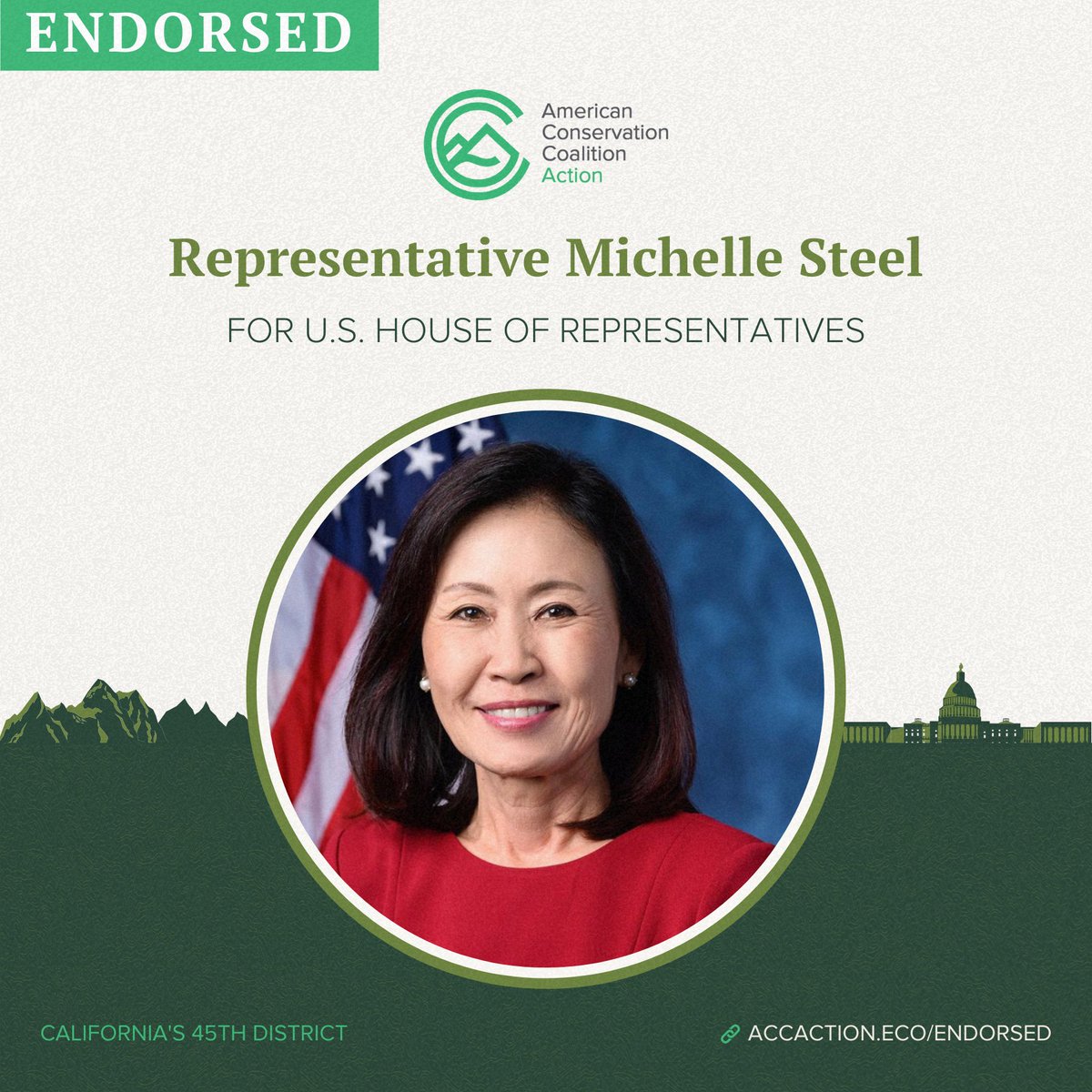 We're proud to endorse Representative @MichelleSteelCA!

We need more leaders willing to lead with solutions that uplift people and our environment. #StandWithSteel #CA45 accaction.eco/endorsed