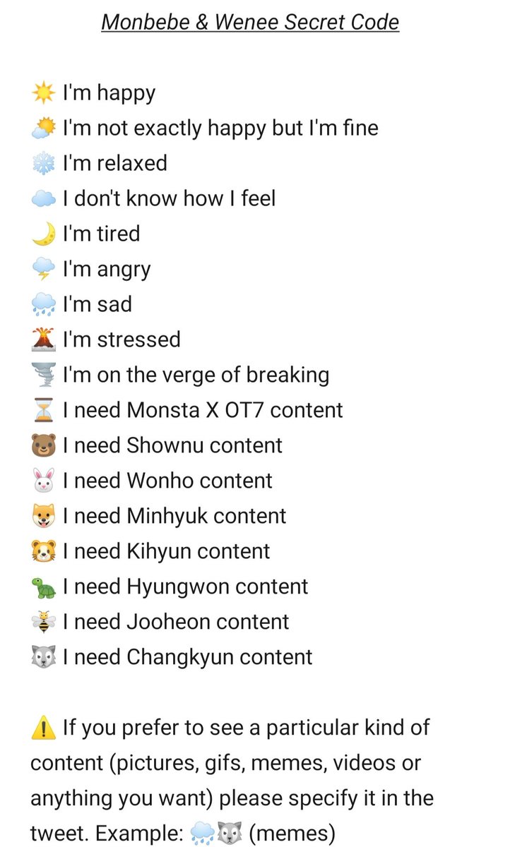 whaletakesmbb's tweet image. 🐻 MONBEBE AND WENEE CHECK 🐻
How are you today? Quote or reply to this tweet with the emojis in the pic! And if you need someone to talk to just send us a dm/cc (link in bio)~ 💙💙