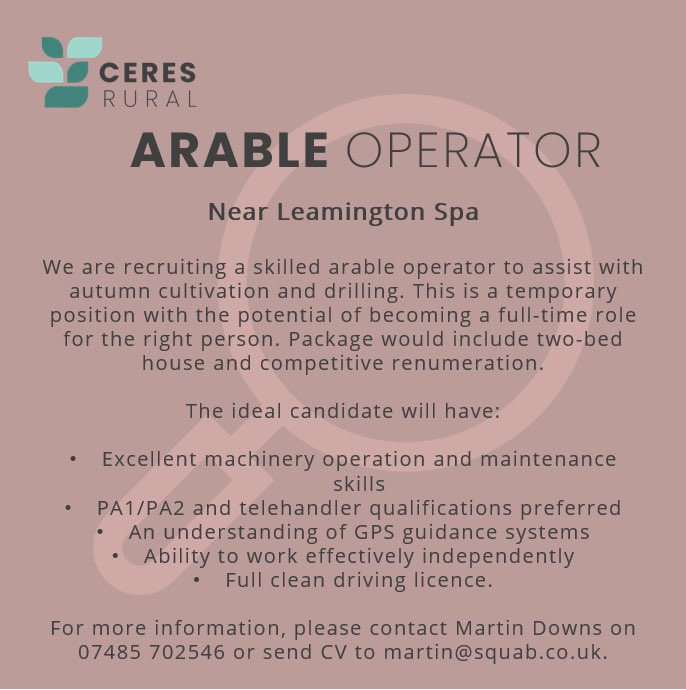 ceresrural's tweet image. AMAZING OPPORTUNITY! Are you looking for a job? Arable operator required near Leamington Spa
#job #arableoperator #jobsinag #ruraljobs