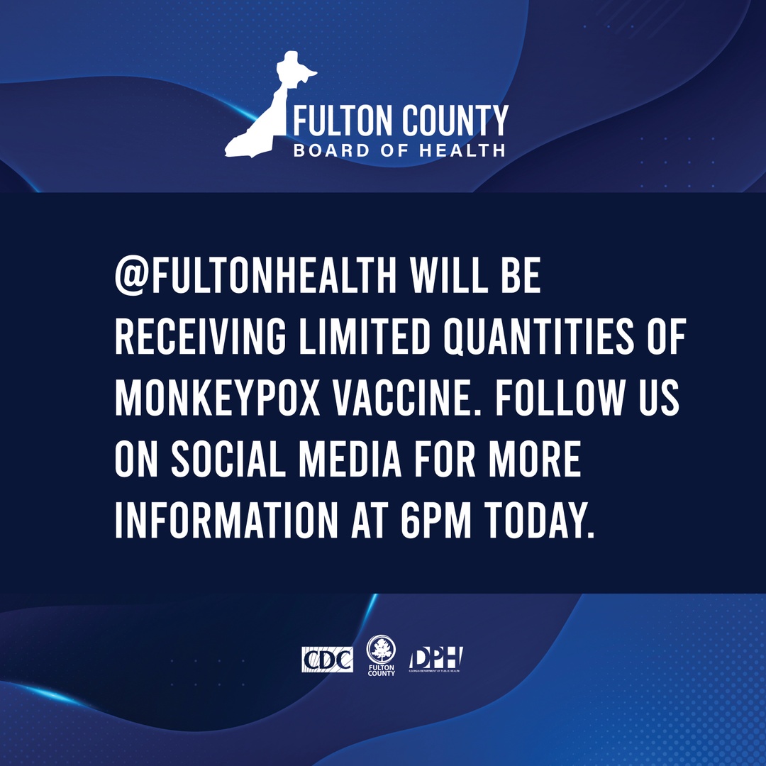 FultonHealth's tweet photo. @FultonHealth will be receiving limited quantities of Monkeypox vaccine. Follow us on social media for more information. A registration link will be posted at 6pm today. 

#monkeypox #fultoncounty #vaccineswork #monkeypoxvaccine #vaxupfulton https://t.co/fpxXySWJmf