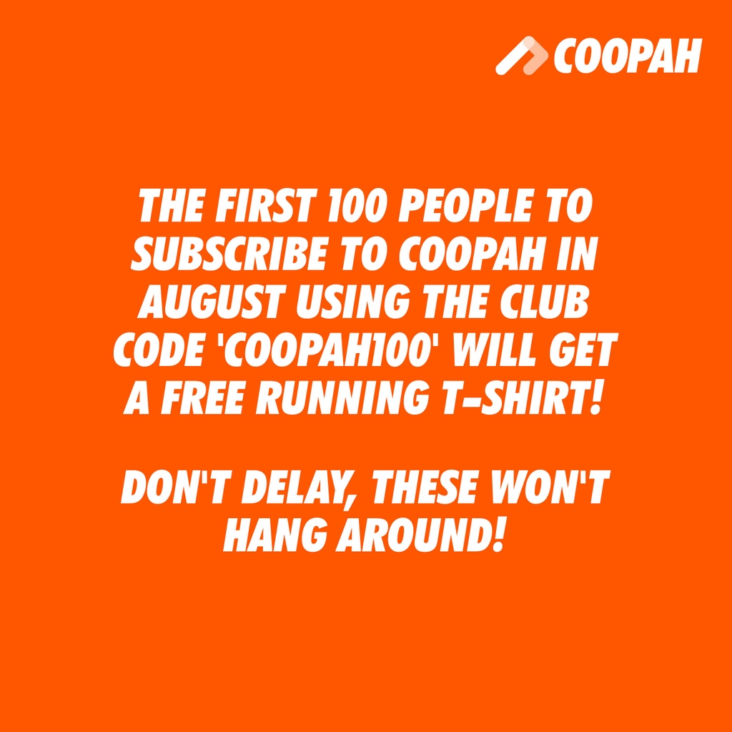 🎽🚨 FREE RUNNING TEE 🚨🎽⁠
⁠
Exciting news! The first 100 people to subscribe to Coopah in August using the club code 'COOPAH100' will get a free running t-shirt!⁠
⁠
Don't delay, these won't hang around! Download the app: coopah.com