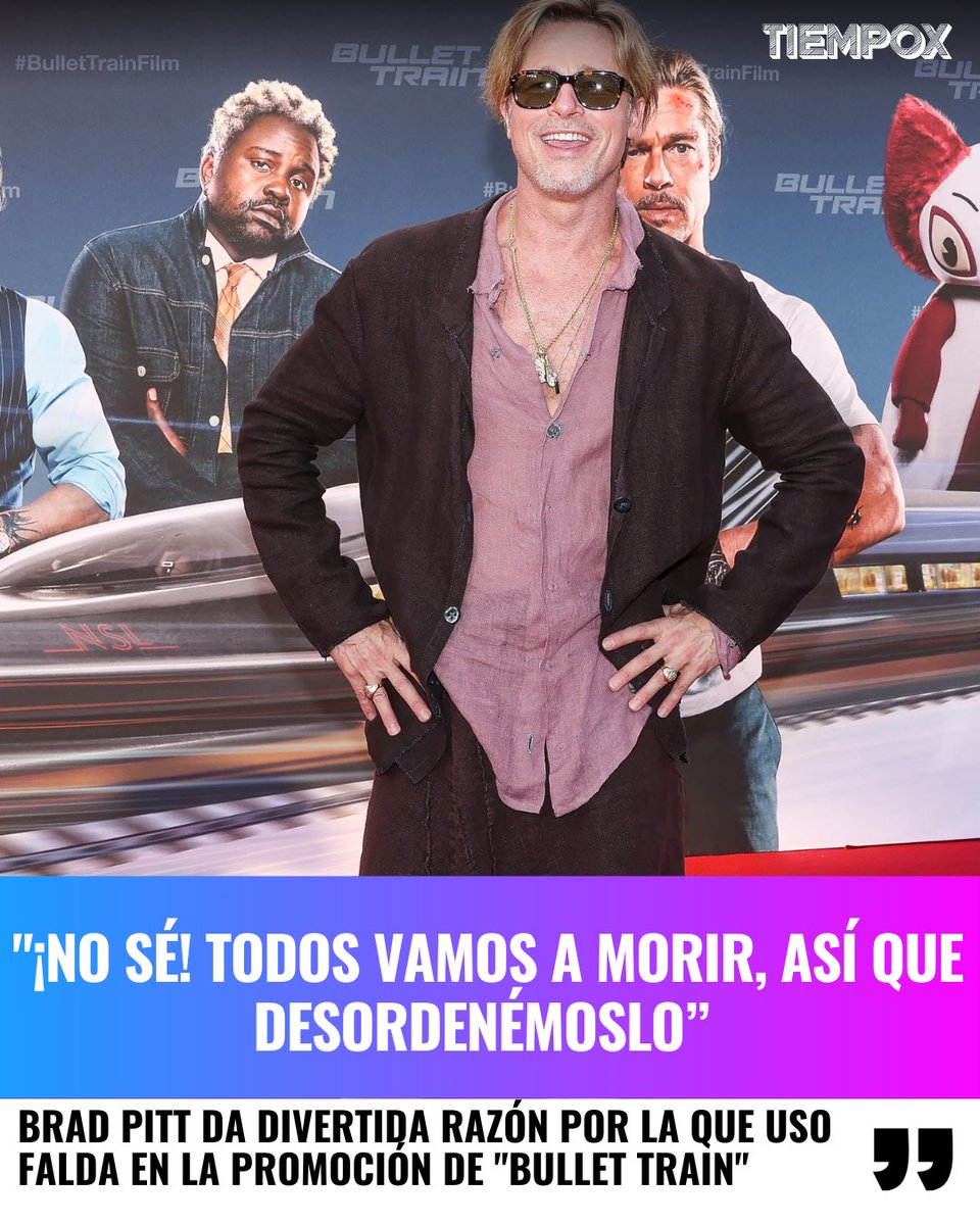 Tiempox_Mex's tweet photo. Vive la vida al máximo 😎

➡️ Brad Pitt está en plena promoción de su nueva cinta llamada "Bullet Train". La semana pasada llegó hasta Berlín, Alemania, para su estreno junto a parte del elenco en el que destaca Bad Bunny y se robó las miradas por el outfit que eligió. https://t.co/vNcjdh7Lt0
