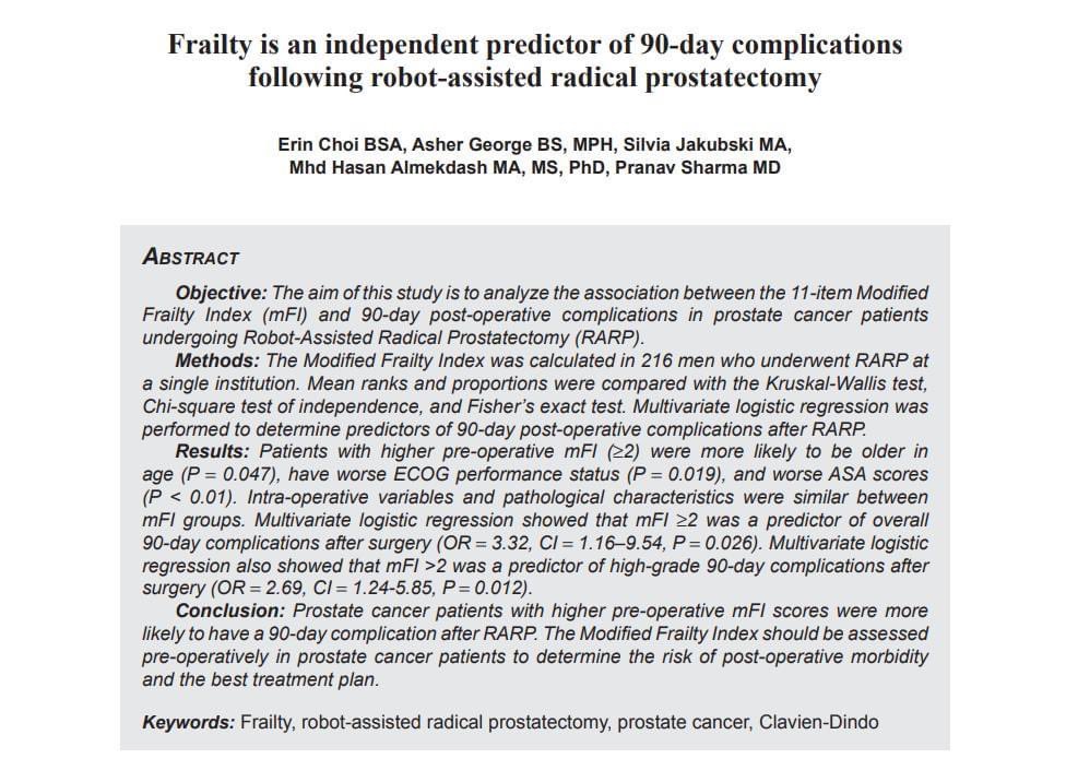 halmekdash's tweet photo. Check out our new research publication (August, 2022)😊👇🏻:
Robot-Assisted Radical Prostatectomy? Frailty is an Independent Predictor of 90 Day Complications
https://t.co/5l9JT5VmLc https://t.co/ePhn5nxeCS