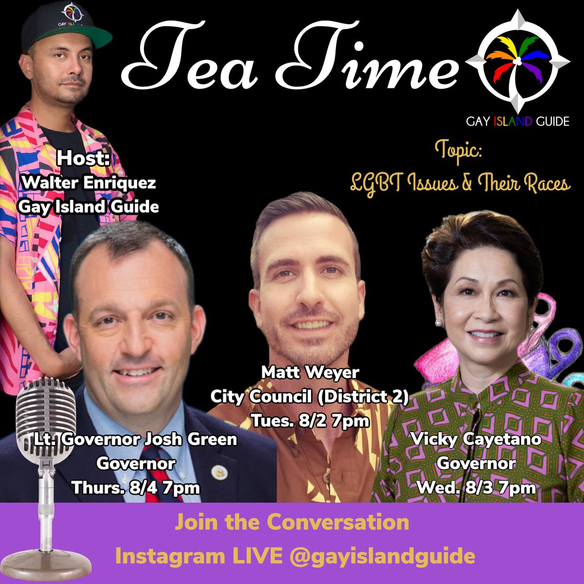 GayIslandGuide's tweet photo. Starting Tonight! We are having important conversations with candidates in the 2022 Hawaii election! Tune into our @GayIslandGuide Instagram Tea Time LIVE sessions and ask questions!
#gayislandguide #hawaii #lgbt #election #gay #vote #yourvotematters #lgbtissues #mahu #queer https://t.co/kznk4SHDwJ