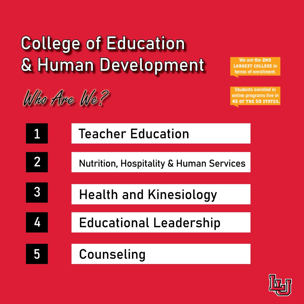 LUCollegeofEHD's tweet photo. The College of Education &amp; Human Development has various departments and majors that can open many different doors for future success!

If you have questions about our programs, check out our website https://t.co/VBGdhVGtva or come see us at New Student Orientation on August 5! https://t.co/nRsrdny9xU