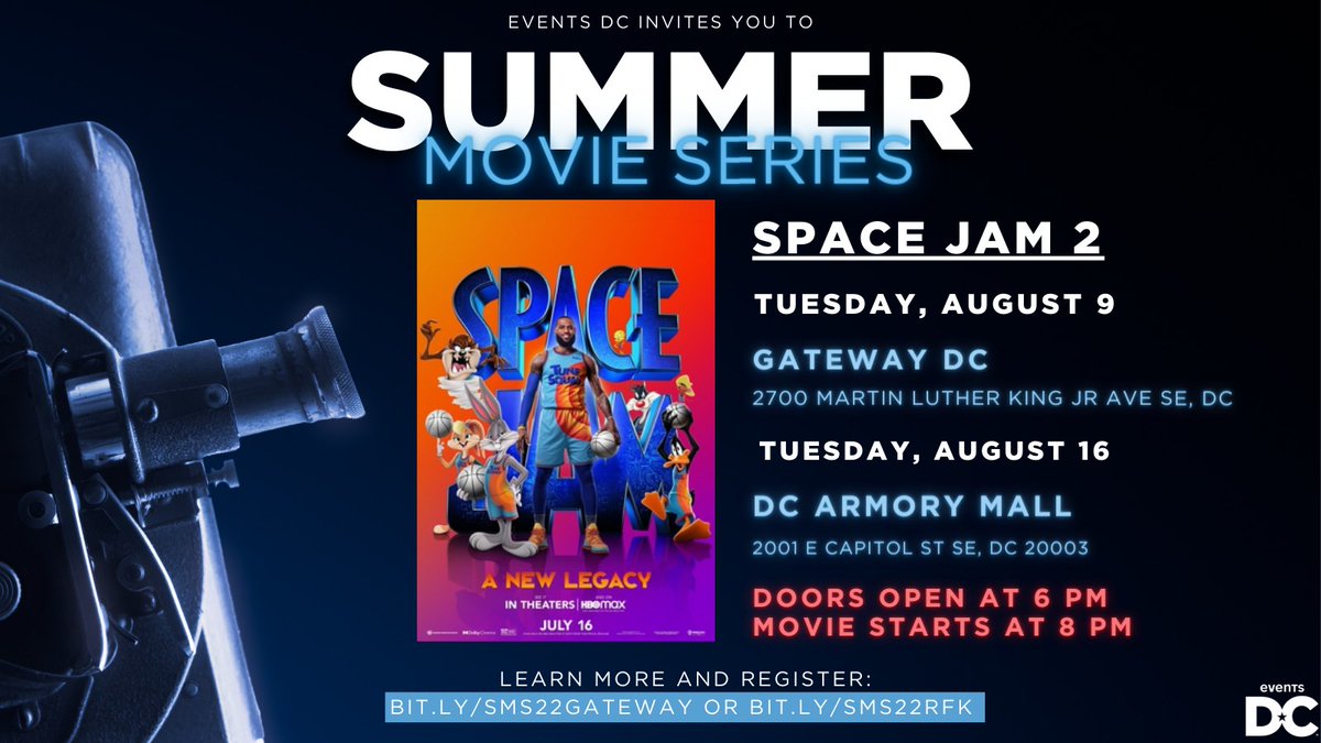 We are one week away from Events DC's Summer Movie Series 🎬 ! Meet us at Gateway DC on August 9 for a FREE community movie night feat. Space Jam 2, interactive games &amp; refreshments! Doors open at 6PM and movie begins at dusk. TIX 🎟️ : bit.ly/SMS22Gateway