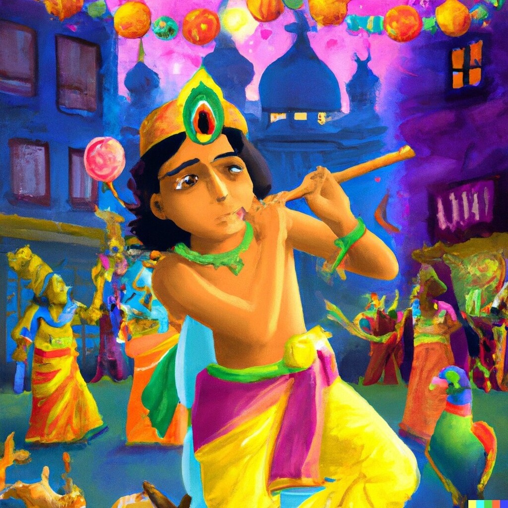 ramganesh's tweet photo. I asked Dall-E to make an image which shows "Krishna celebrating birthday in medieval Times Square"

few seconds later, it made this!

#dalle #dalle2 https://t.co/nM1F4CRxHA https://t.co/dmTdjx9HSL