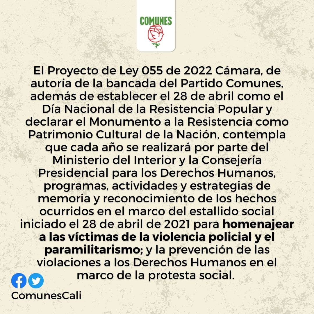 ComunesCali's tweet photo. La Bancada de @ComunesCoL, con el Rep. a la Cámara por el Valle @AlbanComunes a la cabeza, presentó al Congreso el Proyecto de Ley 055 de 2022 “Por medio de la cual se declara el 28 de abril como el día nacional de la resistencia popular y se dictan otras disposiciones” https://t.co/CyxaUG7gX3