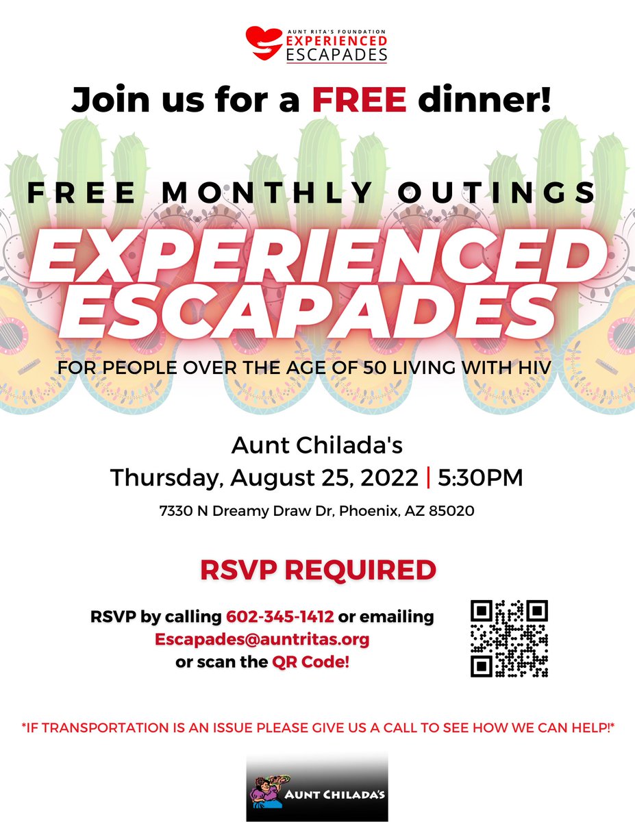 Aunt Rita's Foundation (@auntritas) on Twitter photo Experienced Escapades is a social group for people who are 50 and older and living with HIV. Join us for a free outing at Aunt Chilada's this month on Thursday, August 25th! RSVP to Escapades@auntritas.org. Experienced Escapades is a social group for people who are 50 and older and living with HIV. Join us for a free outing at Aunt Chilada's this month on Thursday, August 25th! RSVP to Escapades@auntritas.org.