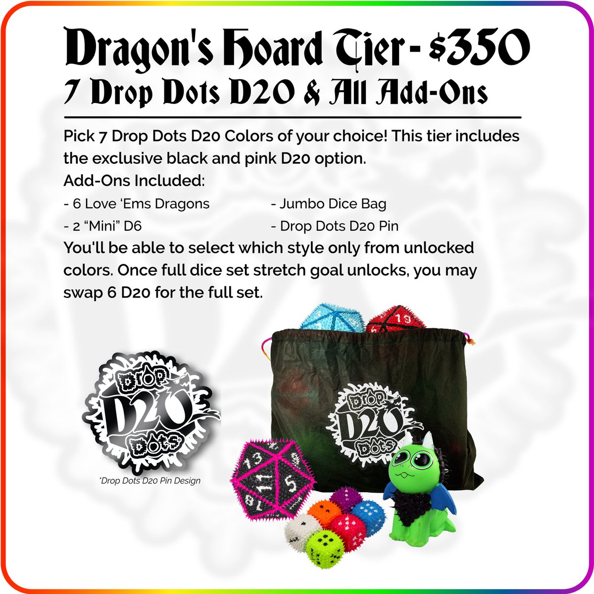 Kesswylie's tweet image. Just saying that things are going well and if you back at the “Dragons horde”  tier it allows you to conveniently get 1 of each of the different #TTRPG dice once unlocked and an additional spin down D20 👀 also allowing you to get all 7 colors. weird how that works out 🤔(🔗📥🧵)
