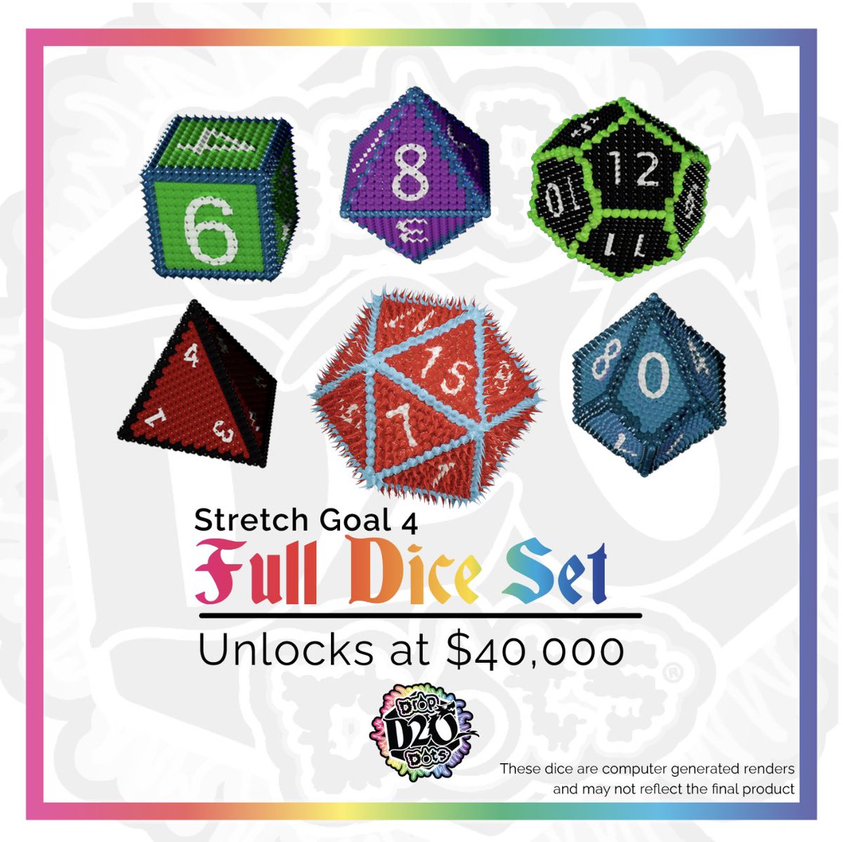 Kesswylie's tweet image. Just saying that things are going well and if you back at the “Dragons horde”  tier it allows you to conveniently get 1 of each of the different #TTRPG dice once unlocked and an additional spin down D20 👀 also allowing you to get all 7 colors. weird how that works out 🤔(🔗📥🧵)