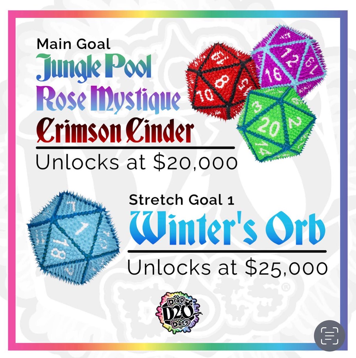 Kesswylie's tweet image. Just saying that things are going well and if you back at the “Dragons horde”  tier it allows you to conveniently get 1 of each of the different #TTRPG dice once unlocked and an additional spin down D20 👀 also allowing you to get all 7 colors. weird how that works out 🤔(🔗📥🧵)