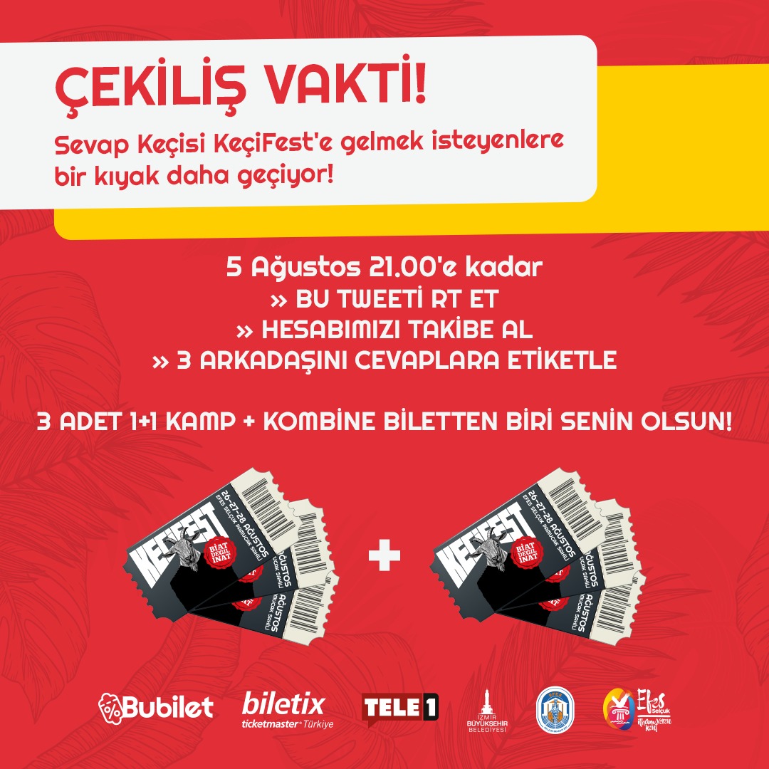kecifest's tweet photo. 🐐 KeçiFest'in tadı sensiz çıkmaz!

⚡️ 26-27-28 Ağustos'ta İzmir Efes/Selçuk Pamucak Sahili'nde olmak istiyorsan işte sana büyük fırsat!

🎁 #SevapKeçisi, 5 Ağustos 21.00'e görseldeki koşulları sağlayan 3 şanslı kişiye 1 + 1 Kamp + Kombine bilet hediye ediyor. https://t.co/VnagEb3ZL6
