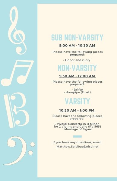 Orchestra Summer Camp August 8th-12th! All additional info can be found on the orchestra website. See you there!