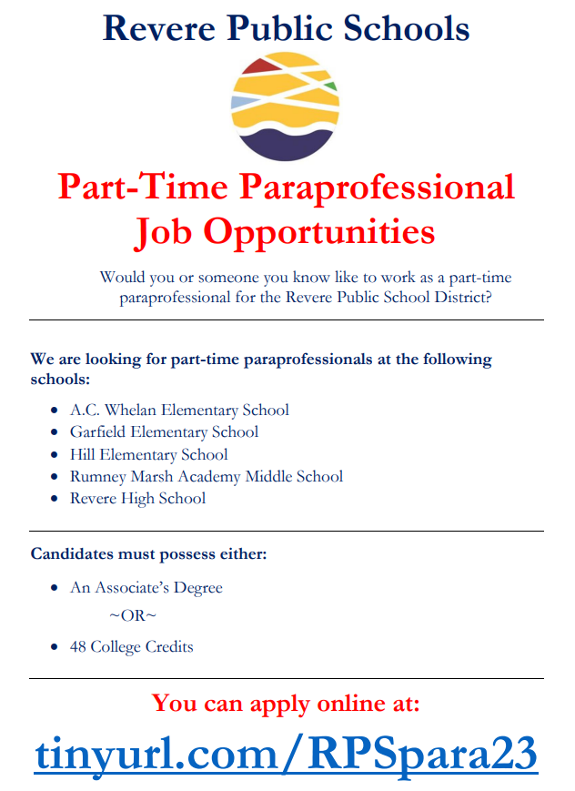 RevereAsstSuper's tweet photo. If you or someone you know is interested in working as a part-time paraprofessional for RPS, please see the informational flyer below for qualification and application info! @RPS_Super @RPS_AsstSuper @lourenco962 https://t.co/9hmwNYvpTz