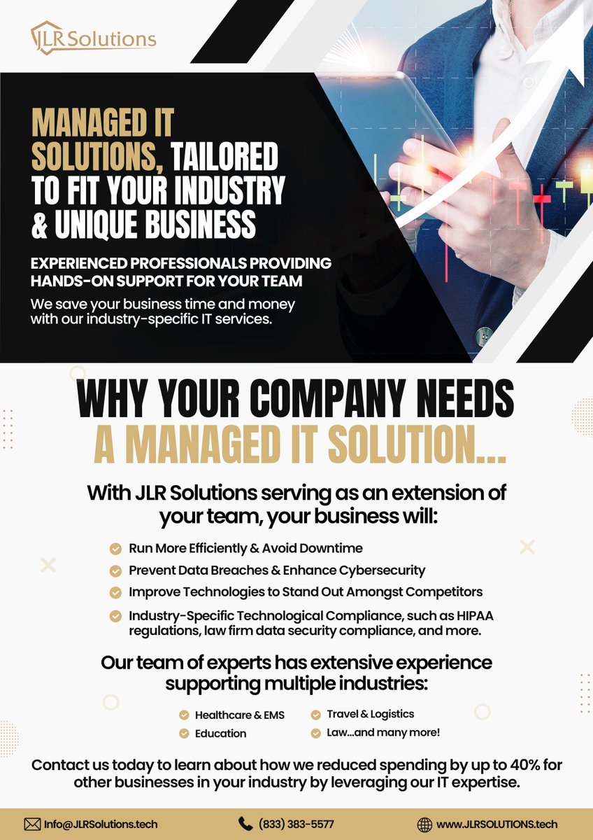Managed IT Solutions, Tailored to Fit Your Industry &amp; Unique Business. Contact Us Now For a Free Consultation - (833) 383-5577
#JLRSolutions #ManagedITServices