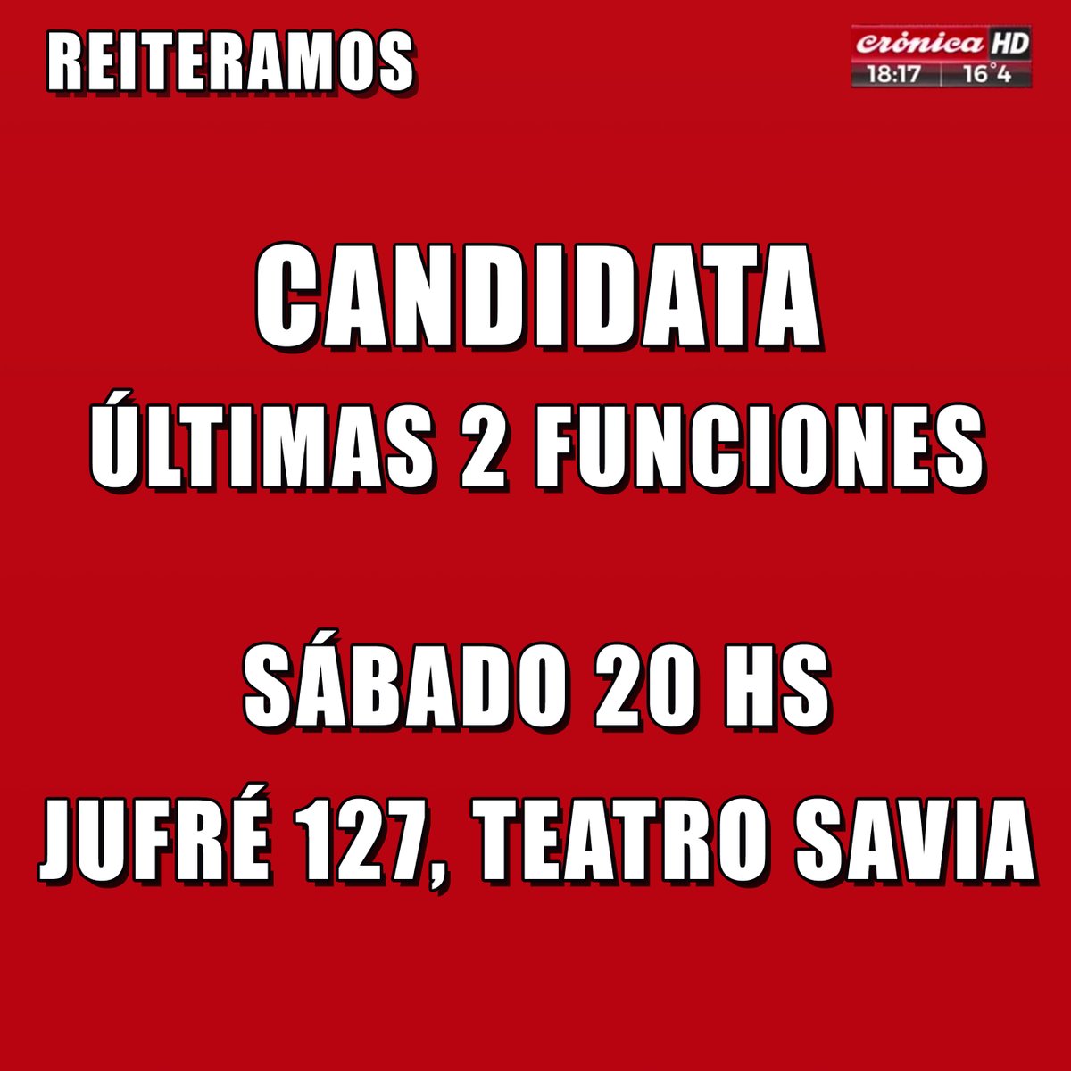 horismuschietti's tweet photo. CANDIDATA
La comedia política del año llega a su fin
2 últimas funciones!
Sábados 6 y 13 de agosto 20 hs. en el teatro Cultural Savia, Jufré 127, CABA
Con Laura Lértora, Justina Grande, Pedro Ferreyra y Jorge Laplace
Y la dramaturgia y dirección de Horis Muschietti
No te pierdas! https://t.co/PfeuGIw74F