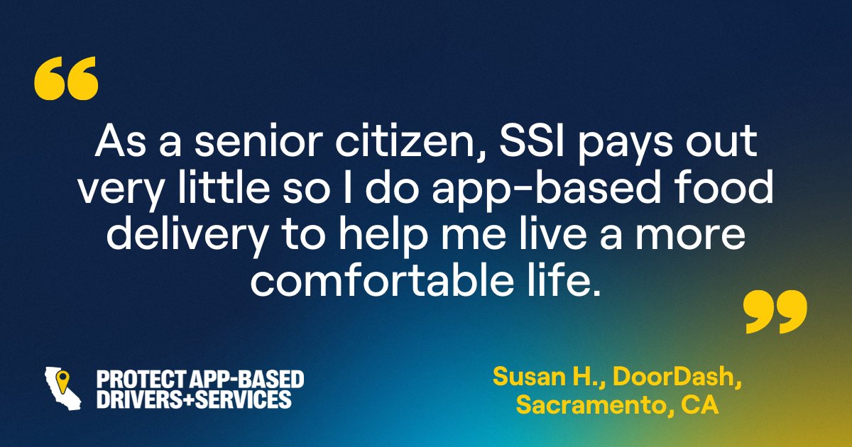 ProtectAppWork's tweet photo. Seniors like Susan have turned to app-based rideshare and food delivery to earn extra money during retirement. Flexible app-based work provides CAs with the opportunity to supplement their income around their schedule. #ProtectAppWork https://t.co/g9vtv5DWmd