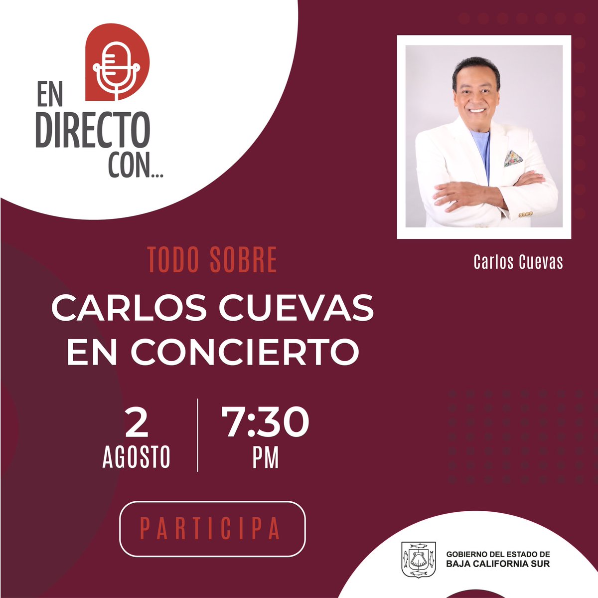 GobBCS's tweet photo. Conoce todo lo que quieres saber sobre próximo concierto de "El rey del bolero" en #LaPaz, en la tercera edición de #EnDirectoCon @carlos_cuevas, quien nos platicará sobre su nuevo álbum.
👉🏽🔴 Nos vemos hoy a las 7:30 p.m. en vivo por medio de nuestra página. https://t.co/UtoXWp5pav