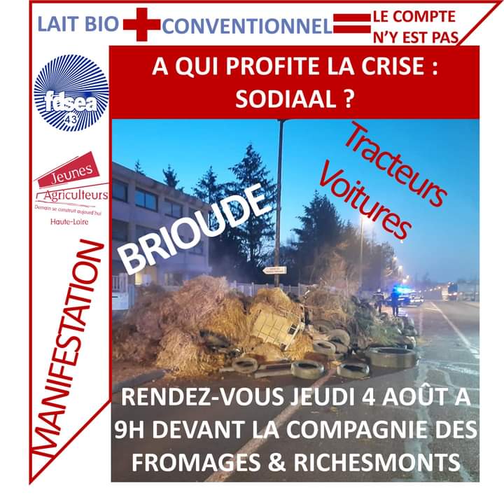 📢📢 A QUI PROFITE LA CRISE ?? 
Pour une juste rémunération du lait aux éleveurs 🐄!!!
Rendez-vous jeudi 4 août à 9h à l'usine de Compagnie des fromages &amp; Richesmonts à Brioude
On compte sur vous
#FDSEA43 ##JA43 #prixdulait