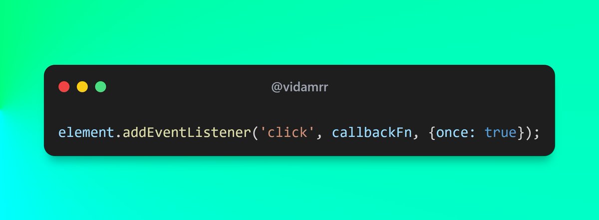 vidamrr's tweet photo. Hay escenarios en Javascript donde quieres que un evento se ejecute una sola vez. Para eso puedes usar once: true como tercer parámetro en el método addEventListener.

De esa forma no tienes que poner un removeEventListener o usar contadores para saber si ya se ejecutó. https://t.co/firuoWc5Xb