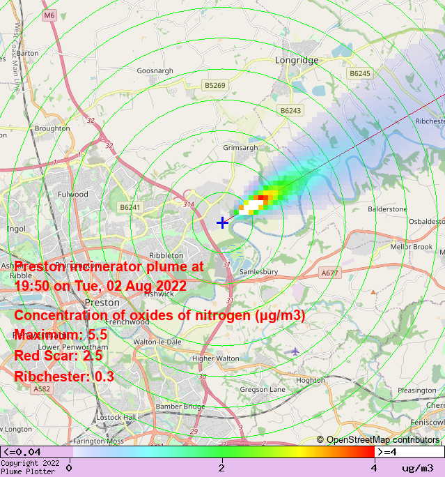 plumeplotter's tweet photo. Latest Preston incinerator plume plot, 19:50 02/08/22 #RedScar #Ribchester https://t.co/vYUTMnLQDm https://t.co/rbyces0uHP